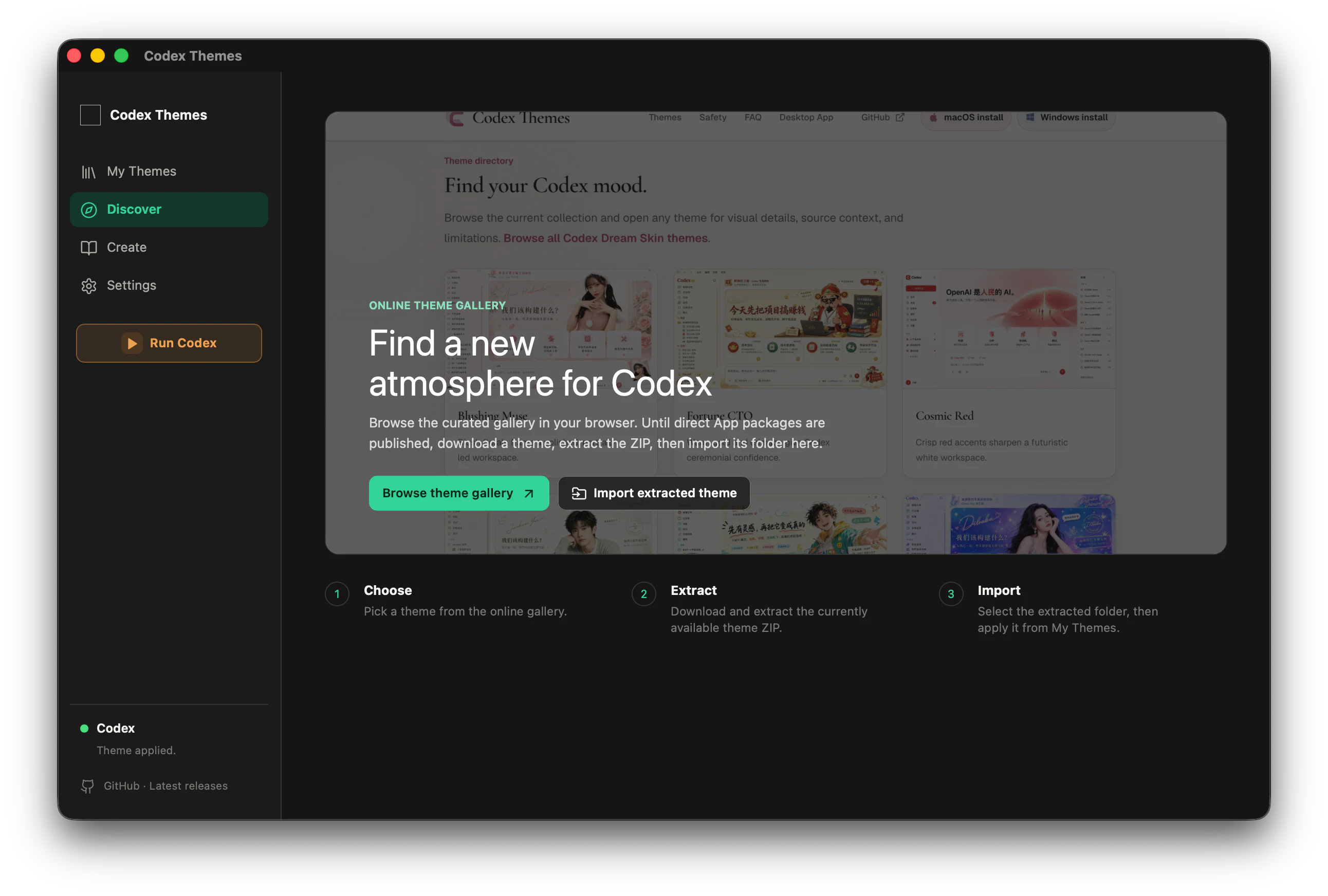 Codex Themes Discover screen opening the CodexThemes.app gallery and offering theme import.
