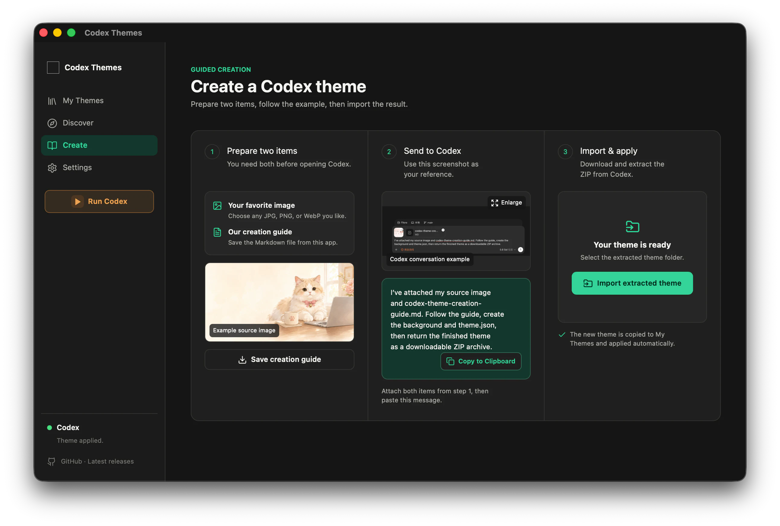 Codex Themes guided creation screen showing source image preparation, a Codex prompt, and completed theme import.