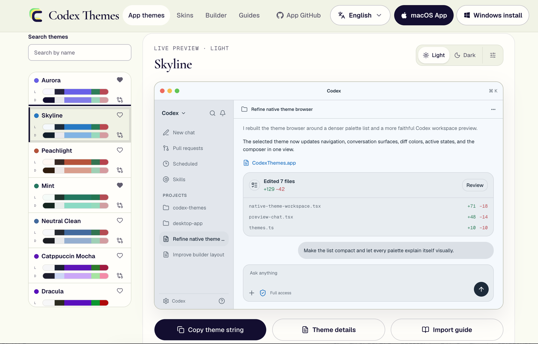 CodexThemes App theme page showing the Light and Dark preview controls