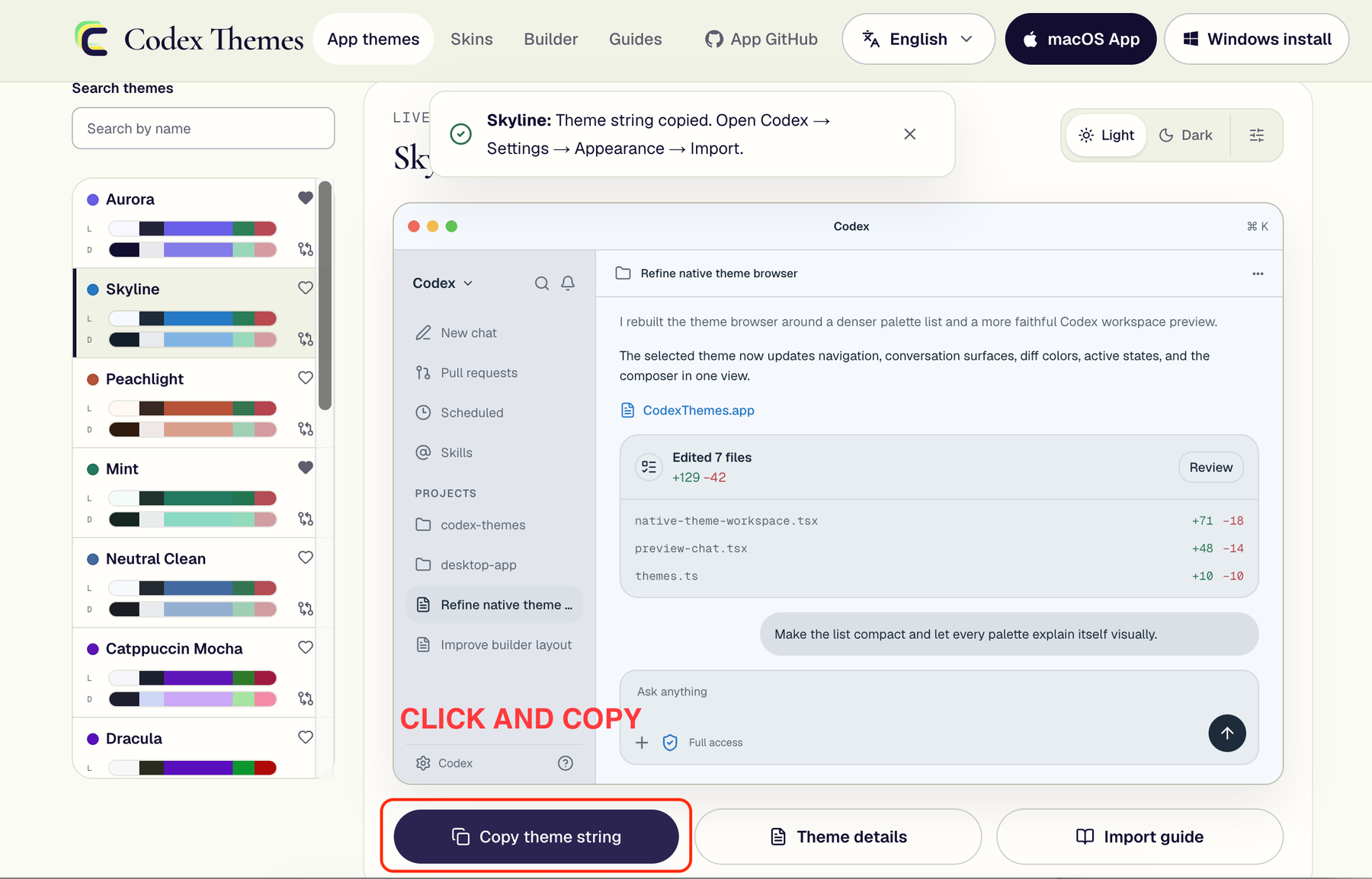 Copy theme string button on a CodexThemes theme page