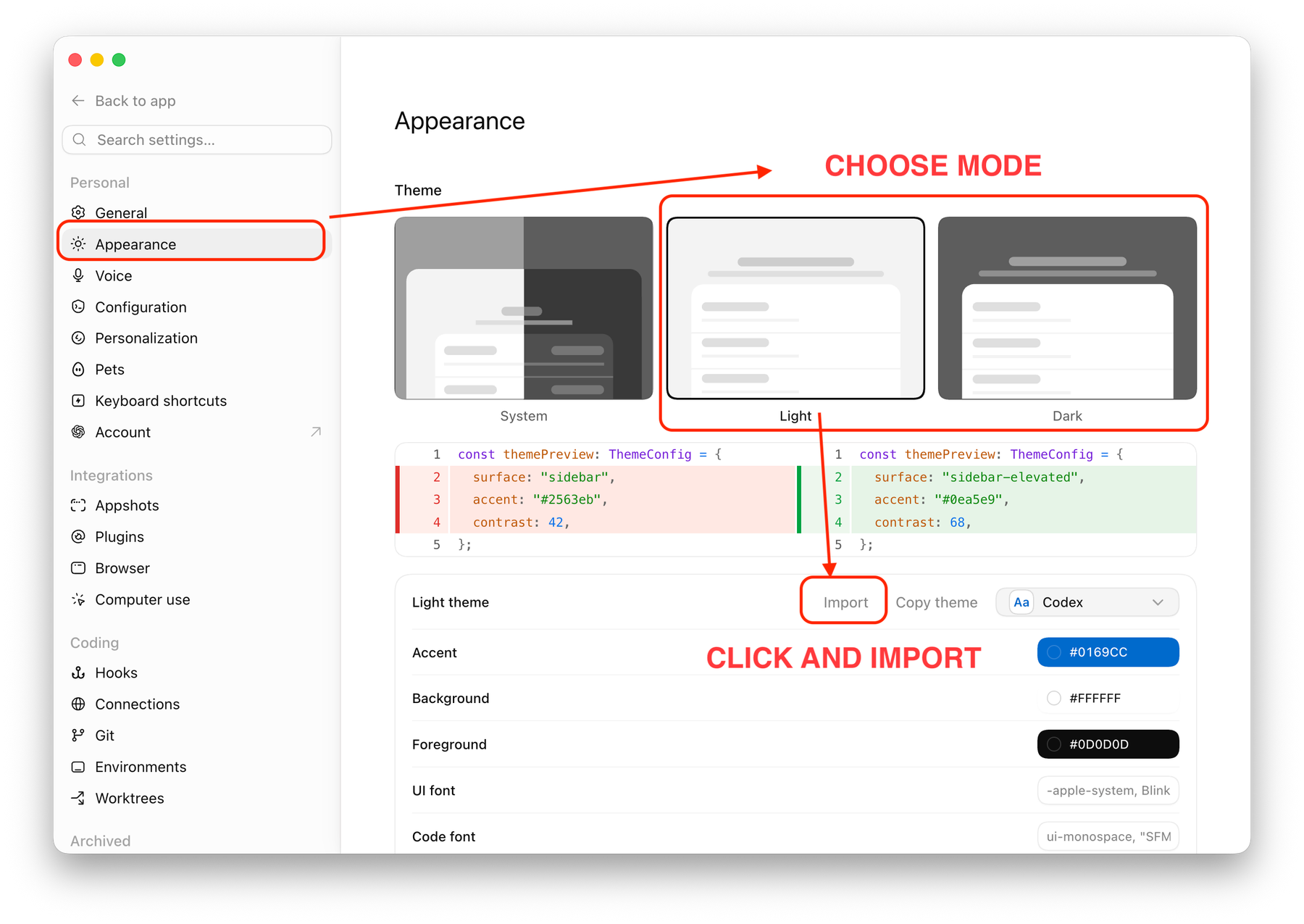 Codex App Appearance settings with the Import control visible