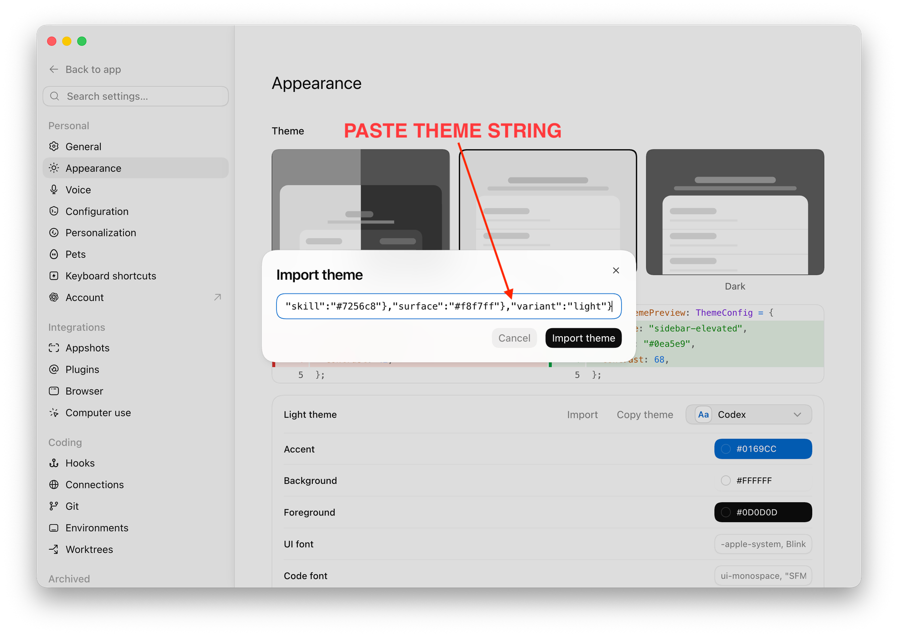 Codex App theme import dialog ready to confirm a pasted theme string